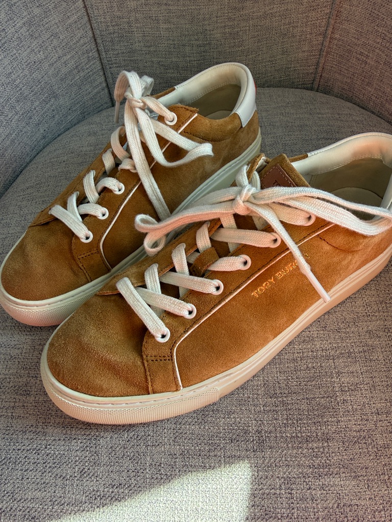 Tory Burch Women’s Tan Suede Low-Top Sneakers With White Accents